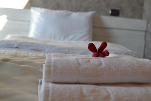 a red flower sitting on top of a white bed at YMY HOTELS Târgu Jiu in Târgu Jiu