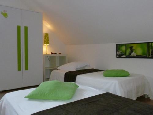 Cette chambre d'hôtel comprend 2 lits avec des oreillers verts. dans l'établissement Gîte de charme au cœur du Val de Loire, proche Amboise-Chenonceau, cadre paisible, tout inclus - FR-1-381-207, à La Croix-en-Touraine