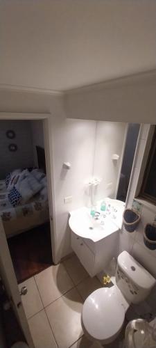 サンティアゴにある1 habitación comodaのトイレ、洗面台、ベッドのあるバスルーム