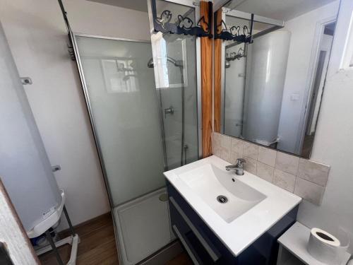 une salle de bain avec un lavabo et une douche dans l'établissement Chalet de 2 chambres à Gruissan - Terrasse, cuisine équipée, proche de la plage - FR-1-784-31, à Gruissan