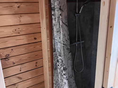 a shower in a bathroom with a shower curtain at Séjour unique sur bateau grand confort à Digoin, 6 pers, terrasse, cuisine équipée - API-1-46-26 in Digoin