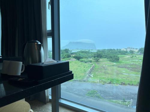 a room with a window with a view of a field at Sungsan Marina Hotel in Seogwipo