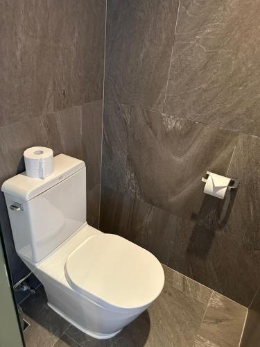 a bathroom with a toilet with a roll of toilet paper at Sungsan Marina Hotel in Seogwipo