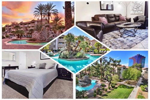 a collage of photos of a hotel room with a bed and a pool at UPGRADED & STYLISH, POOL, HOT TUB, WALK TO STRIP! in Las Vegas