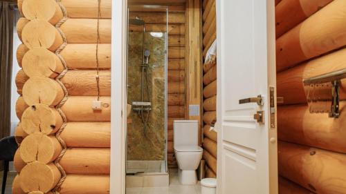 a bathroom with a toilet and a wall of logs at Eco hotel & restaurant "SKALA" in Borovoye