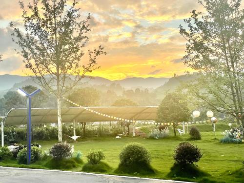 a view of a park with a tent in the grass at Zhangjiajie Cliff Flower RV Tent Hotel in Sanguansi