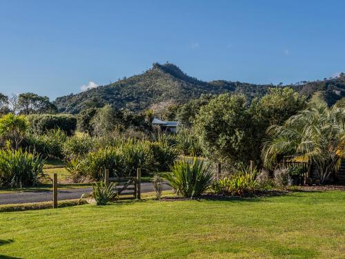 a park with palm trees and a mountain in the background at Wai Whare - Kūaotunu Holiday Home in Whitianga