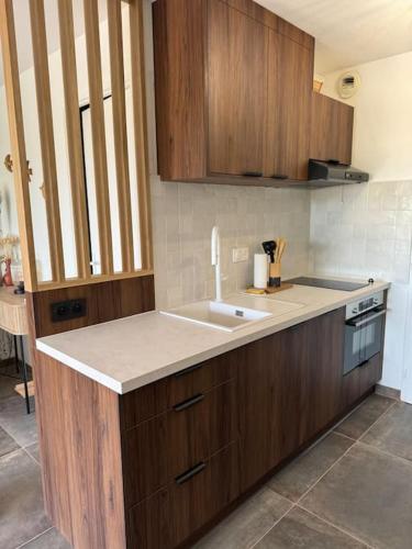 une cuisine avec un évier et des armoires en bois dans l'établissement Appartement avec piscine, à Uzès