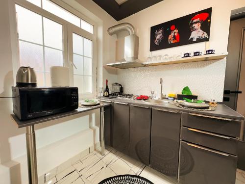 クラヨーヴァにあるCourtyard Central Premium Apartmentのシンクと電子レンジ付きのキッチン