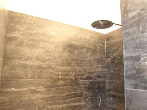 a shower with a stone wall and a ceiling at Villa in Zealand near Dutch Flanders Coast in Zuidzande