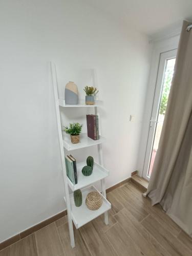 a white shelf with plants on it in a room at Nuevo Apartamento Moderno en Benicasim con Terraza y a Minutos de la Playa in Benicàssim
