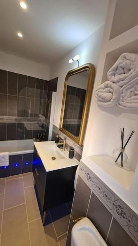 une salle de bain avec un lavabo, des toilettes et un miroir dans l'établissement La Villa Romane, à Montfaucon