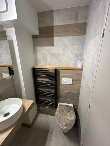 une salle de bain avec toilettes et lavabo dans l'établissement Chaleureux appartement moderne, à Briançon