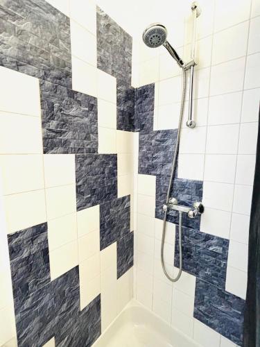 La salle de bains est pourvue d'une douche avec du carrelage noir et blanc. dans l'établissement Appartement Tour Eiffel Grenelle, à Paris