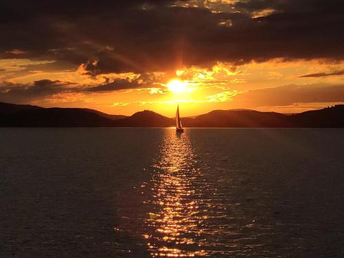 a sail boat in the water with a sunset at Aranyhíd Apartman in Balatonföldvár