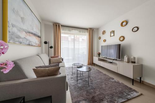 un salon avec un canapé et une télévision dans l'établissement Beautiful apartment Cannes center terrace parking, à Cannes