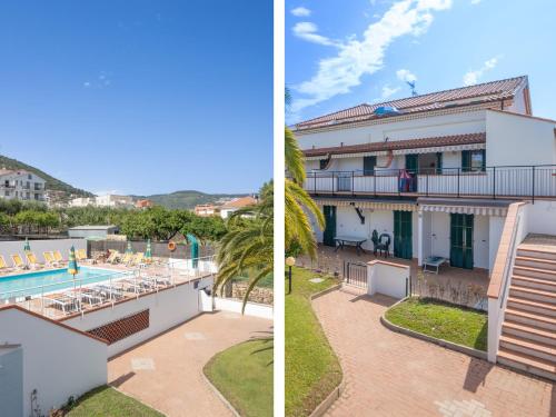 vista su un edificio e sulla piscina di Babyaccommodation Family Garden II a Pietra Ligure