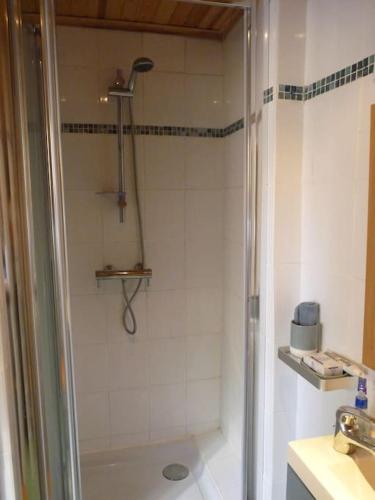 La salle de bains est pourvue d'une douche et d'un lavabo. dans l'établissement Sunshine Cottage, à Berjou
