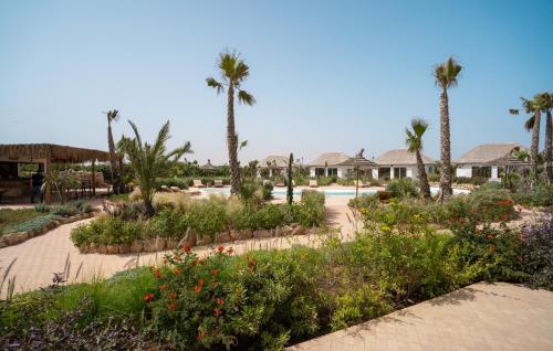 a garden with palm trees and flowers in a resort at La Crique Nature & Spa in Dakhla