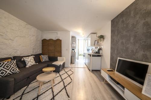 un salon avec un canapé et une télévision dans l'établissement Joséphine Cosy - Centre Ville-Pets friendly - Home cinema Netflix - Jardin Privé, à Rueil-Malmaison