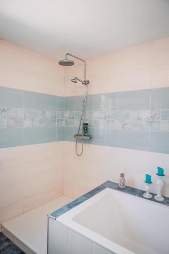 a bathroom with a white tub and a shower at Bungalow Donaublick mit Pool und Garten in Sankt Nikola an der Donau