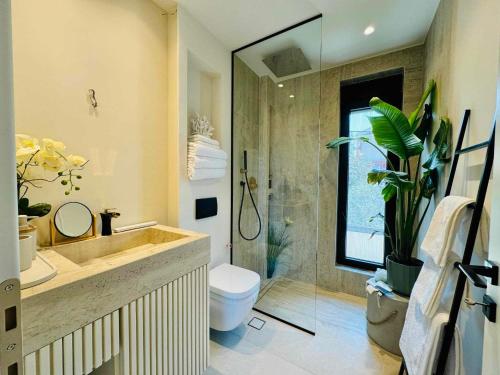 a bathroom with a sink and a toilet and a shower at Contessa Suites in Lefkada Town
