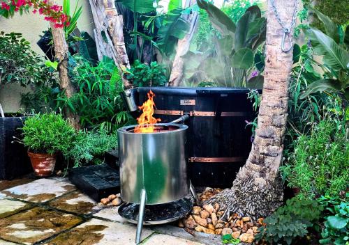 a pot with a fire in it next to a tree at SAGE Cottage Bloubergstrand in Cape Town