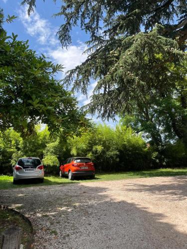 two cars parked in a parking lot under a tree at Le Clos du Cèdre in Saint-Ouen