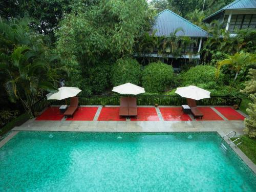 a swimming pool with chairs and umbrellas next to a house at The Hive, Wayanad in Wayanad