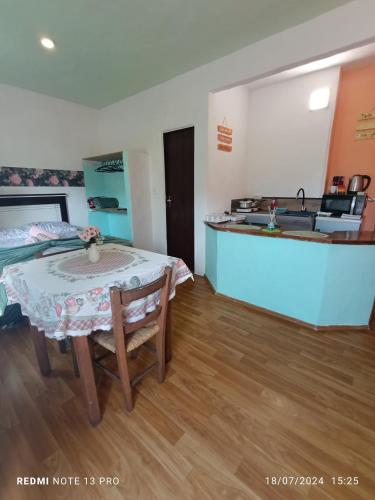 a kitchen with a table and a sink in a room at Residencial María in Bombinhas