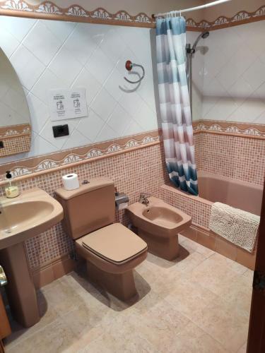 a bathroom with a toilet and a sink and a shower at Ca La Solé in Vinarós