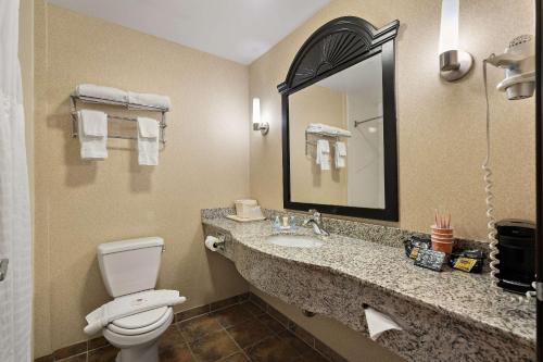 a bathroom with a toilet and a sink with a mirror at Comfort Inn Ogden near Event Center in Ogden