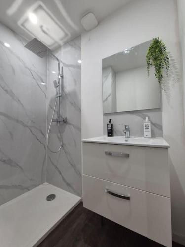 une salle de bain blanche avec une douche et un lavabo dans l'établissement #Panoramique#T3#Balcon#Thiers#, à Thiers