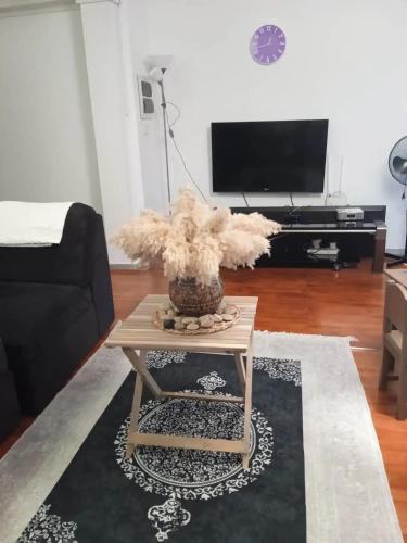 a living room with a coffee table and a tv at Adorable Cozy Apartment in Aglantzia