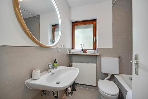 a bathroom with a sink and a toilet and a mirror at Ferienwohnung mit Garten am Chiemsee in Prien am Chiemsee
