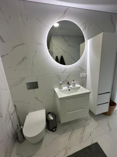 een badkamer met een toilet, een wastafel en een spiegel bij Monci Resort in Palanga