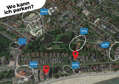 a map of a city with red circles at Strand Suite in Lübeck