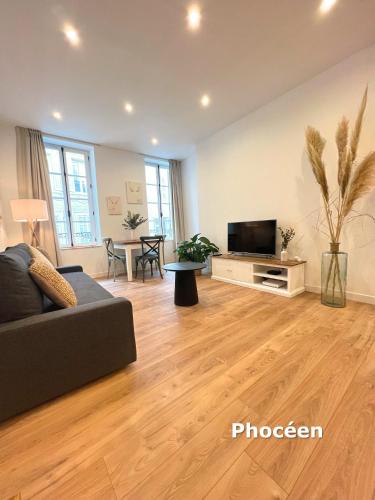 a living room with a couch and a television at Les Appartements du Vieux Port in Marseille