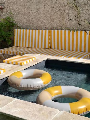 un bassin avec deux gonflables dans l'eau dans l'établissement Charmante Grange aux Monts d'Or, à Collonges-au-Mont-dʼOr