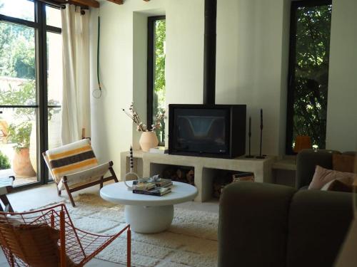 ein Wohnzimmer mit einem TV und einem Kamin in der Unterkunft Charmante Grange aux Monts d'Or in Collonges-au-Mont-dʼOr