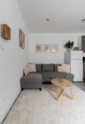 a living room with a couch and a coffee table at Résidence Le Celest - Appartements climatisés - Centre ville in Vichy