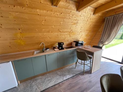 a kitchen with wooden walls and a table with a sink at Casa Belvedere Pietrosu in Moisei