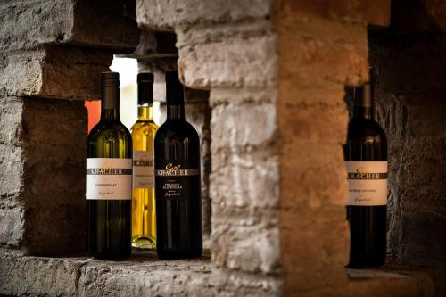 four bottles of wine sitting on a wall at Weingut-Ferienwohnungen Kracher in Apetlon