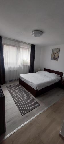 a bedroom with a bed and a rug on the floor at CASA RYANA SINAIA in Sinaia