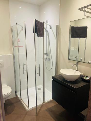 a bathroom with a glass shower and a sink at Equus B&B in Bredene