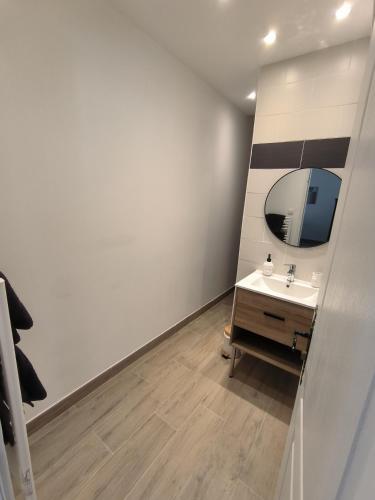 une salle de bain avec un lavabo et un miroir dans l'établissement Appartement pour 2 personnes Mauguio centre, à Mauguio