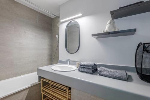 une salle de bain avec un lavabo et un miroir dans l'établissement Appartement Croisé Laroche - 5 min de Lille, à Marcq-en-Barœul