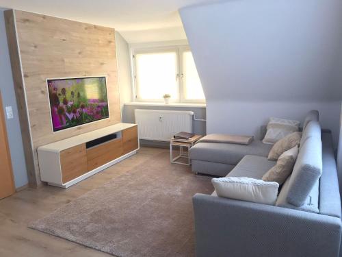 a living room with a couch and a flat screen tv at fewo-friends in Reinfeld