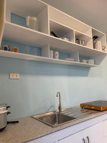 a kitchen counter with a sink and shelves at LL-Apartelle in Lo-oc