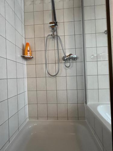 a bathroom with a shower and a bath tub at Charmantes Apartment in Karlsruhe